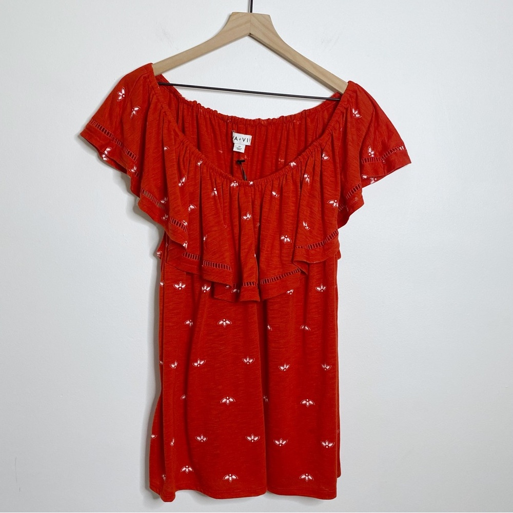 Ava & Viv Red White Floral Ruffle Off The Shoulder Knit Top - Size 3X